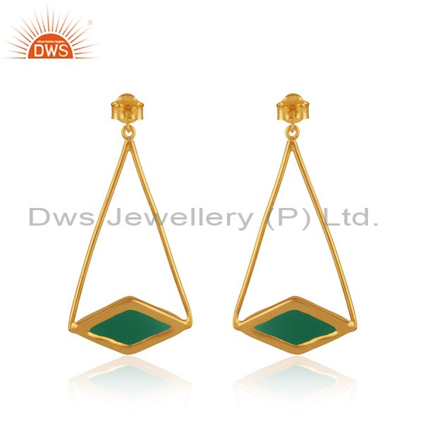 Long dangle earring in yellow gold on silver 925 with green onyx