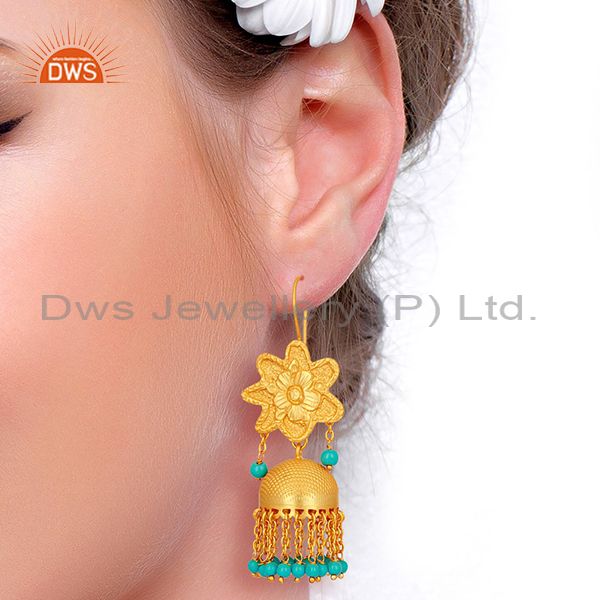 Suppliers Turquoise Gemstone Gold Plated Silver Traditional Jhumka Earrings