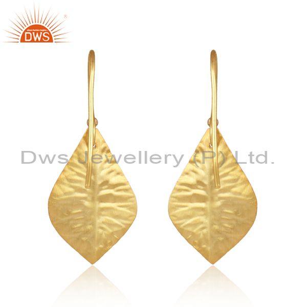 Pearls Set Gold Plated Hammered Silver Single Leaf Earrings
