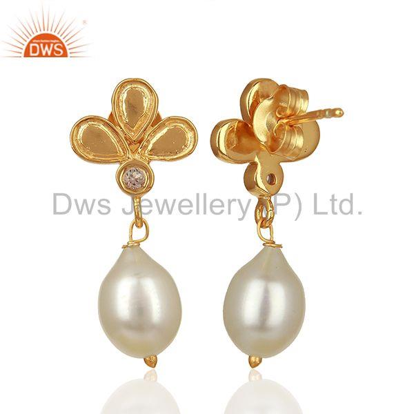 Suppliers Leaf Design 925 Silver Gold Plated Pearl Earrings Jewelry Manufacturer