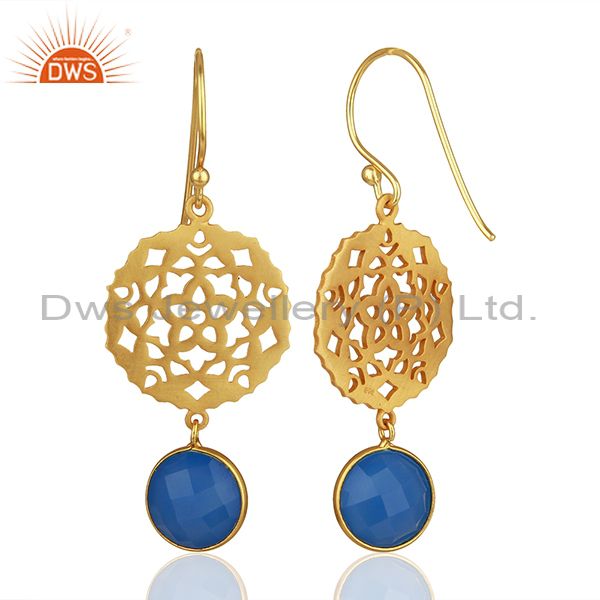 Suppliers 925 Silver Gold Plated Designer Blue Chalcedony Gemstone Drop Earrings
