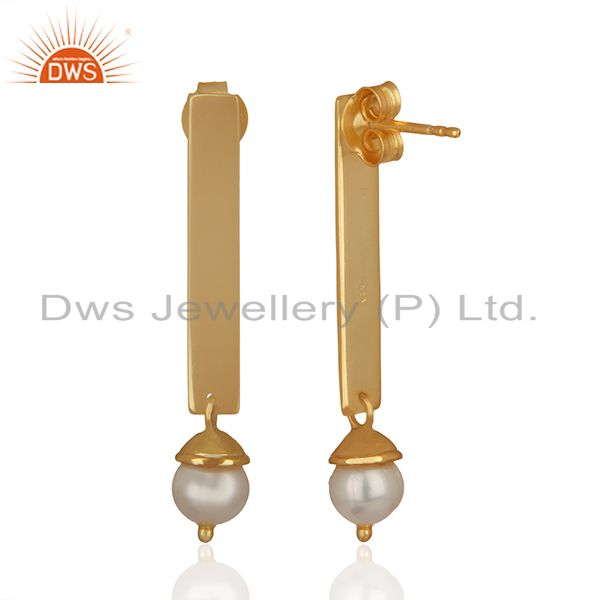Exporter Simple Bar Design 925 Silver Gold Plated Pearl Earrings Manufacturers