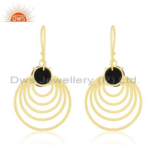 Gold Plated 925 Silver Designer Black Onyx Gemstone Dangle Earrings Wholesale