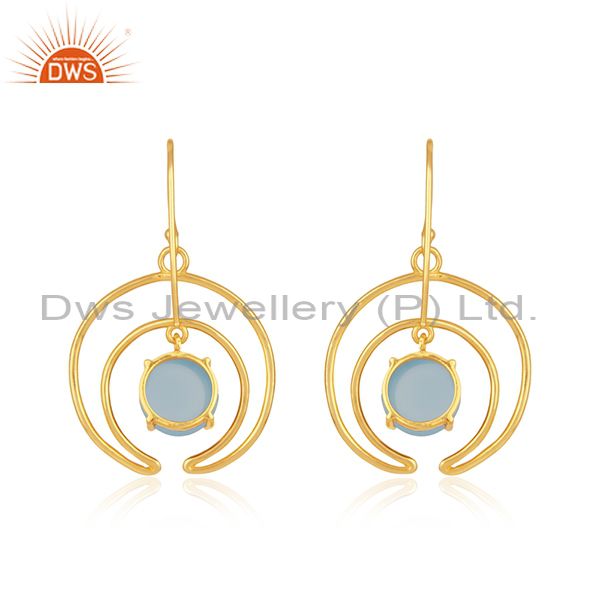 Top Quality Crescent Moon Design Gold Plated 925 Silver Blue Chalcedony Earrings
