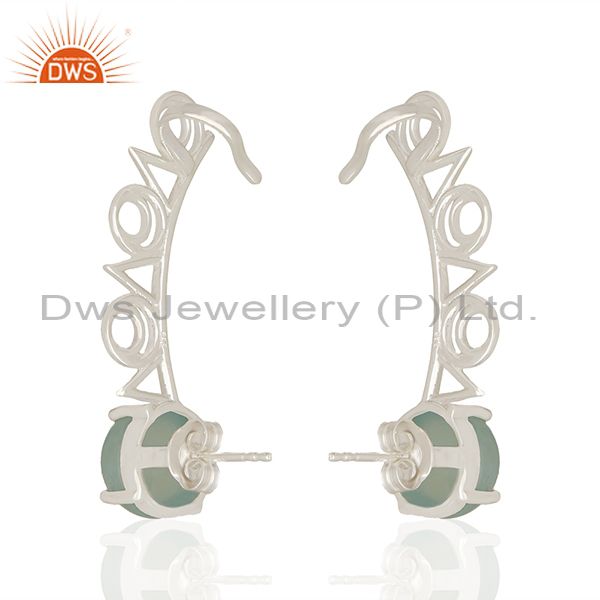 Aqua Chalcedony Gemstone 92.5 Silver Ear Cuff Earrings Manufacturer Jaipur
