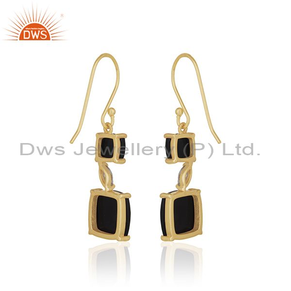 Suppliers 14k Gold Plated 925 Silver Black Onyx Gemstone Dangle Earrings Manufacturer