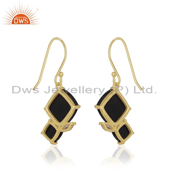 Suppliers Handmade 925 Silver 14k Gold Plated Black Onyx Gemstone Drop Earrings Wholesale
