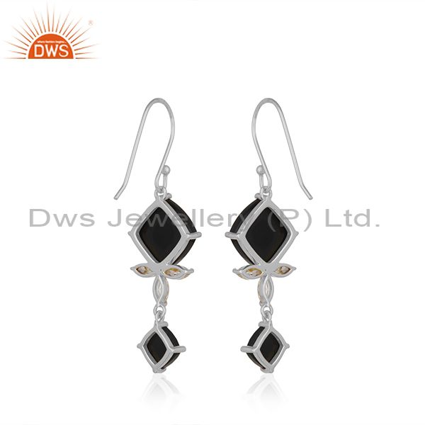 Suppliers Black Onyx Gemstone 925 Fine Silver Black Onyx and Zircon Earrings Wholesale