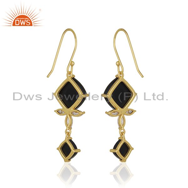 Suppliers 925 Silver 14k Gold Plated Black Onyx Gemstone Dangle Earrings Manufacturer