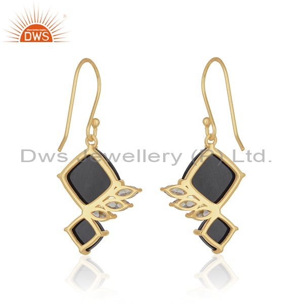 Suppliers White Zircon and Black Onyx Gemstone 925 Silver Gold Plated Earrings Supplier