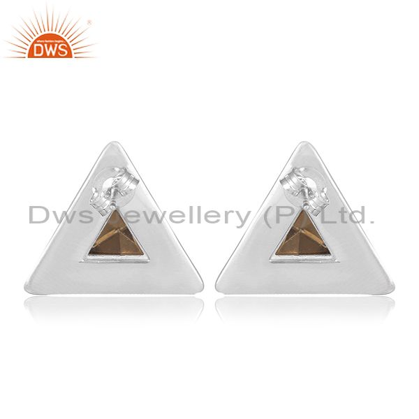 Suppliers 92.5 Sterling Silver Triangle Design Smoky Gemstone Stud Earring Manufacturer