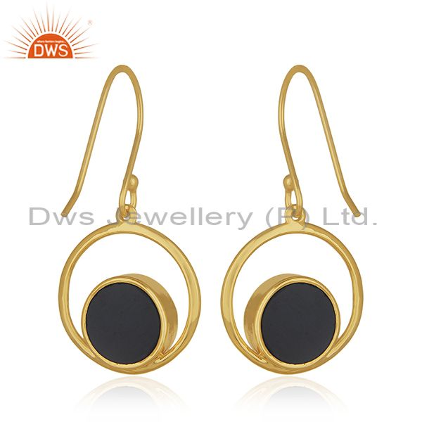 Suppliers 18k Gold Plated Handmade 925 Silver Designer Peace Sign Onyx Gemstone Earrings