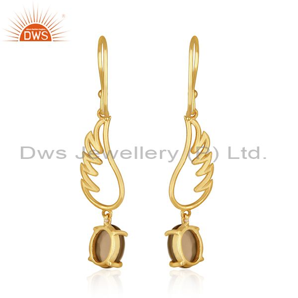 Suppliers Angle Wing 925 Silver Gold Plated Smoky Quartz Earring Manufacturer