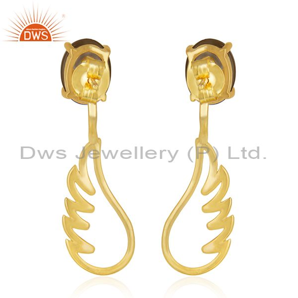 Suppliers Gold Plated 925 Sterling Silver Angel Wing Smoky Quartz Earring Manufacturer