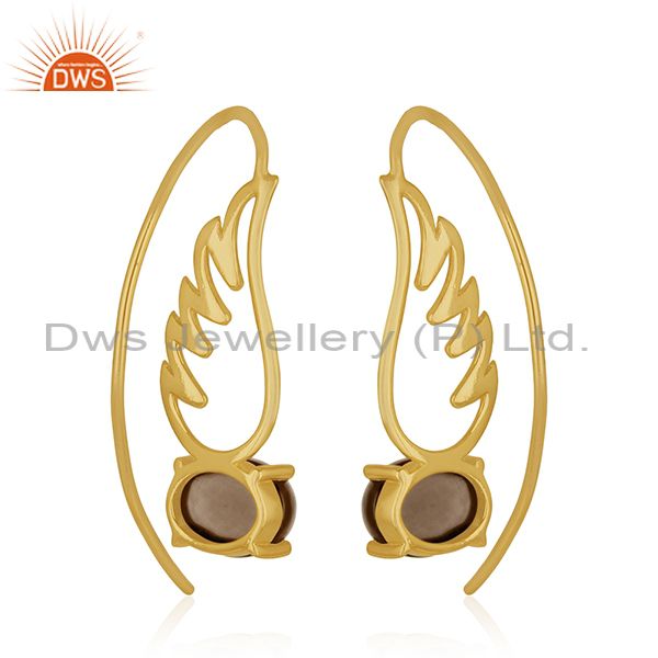 Exporter Angel Wing Gold Plated 925 Sterling Silver Smoky Gemstone Earring Wholesaler