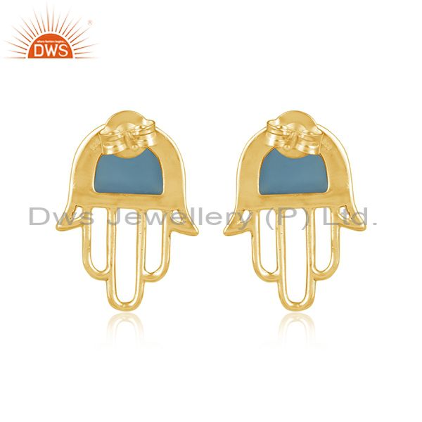 Designer hamsa hand gold on silver studs 925 with blue chalcedony
