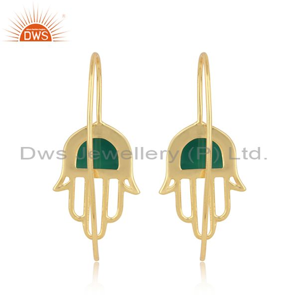 Handcrafted hamsa yellow gold on silver earring with green onyx