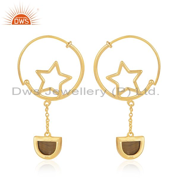 Suppliers 925 Silver Gold Plated Tiger Eye Gemstone Star Charm Hoop Earring Manufacturers