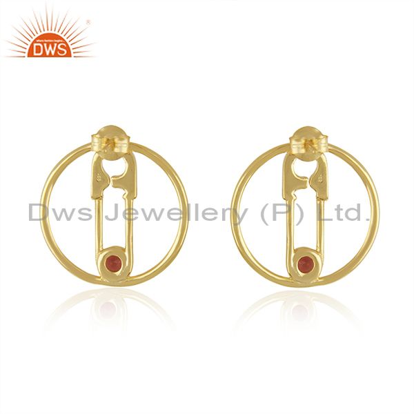 Suppliers Natural Garnet Gemstone Pin Design Gold Plated 925 Silver Earring Jewellery