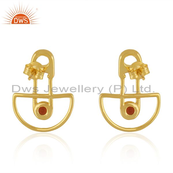 Suppliers Yellow Gold Plated Customized Design 925 Silver Garnet Stone Stud Earring