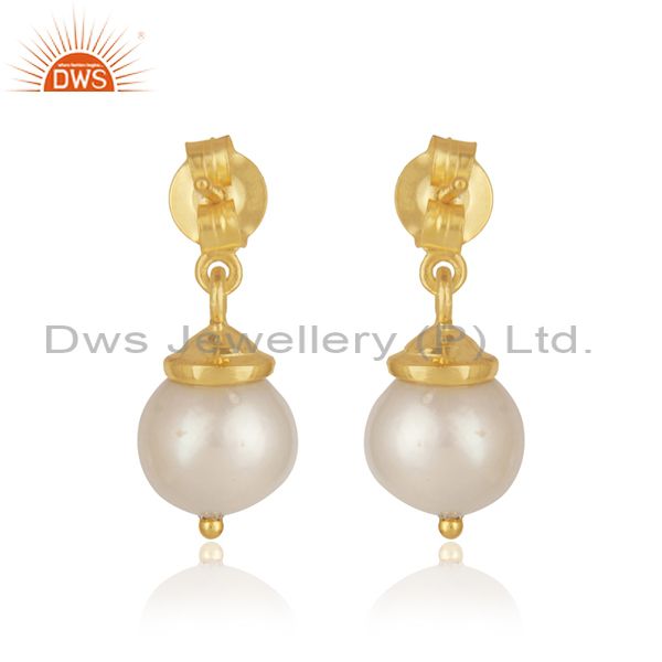 Suppliers Leaf Design Sterling Silver Gold Plated Natural Pearl Girls Earrings