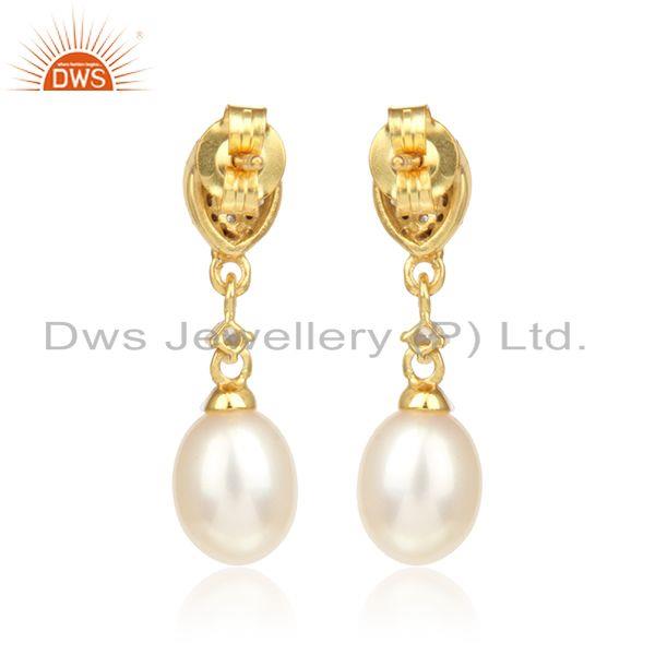 Designer pave cz yellow gold on silver 925 dangle with pearl