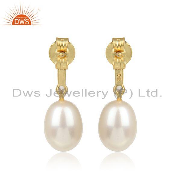 Handmade elegant yellow gold on silver 925 dangle with pearl and cz