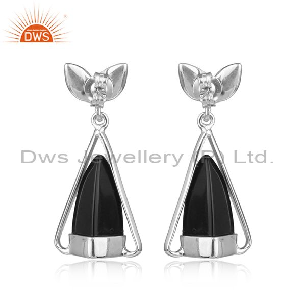 Designer silver earring with black onyx, cz and white rhodium