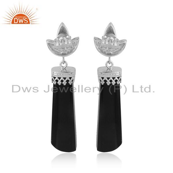 White rhodium plated crown design black onyx gemstone earrings