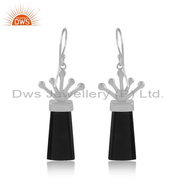 Handmade white rhodium plated silver black onyx gemstone earrings