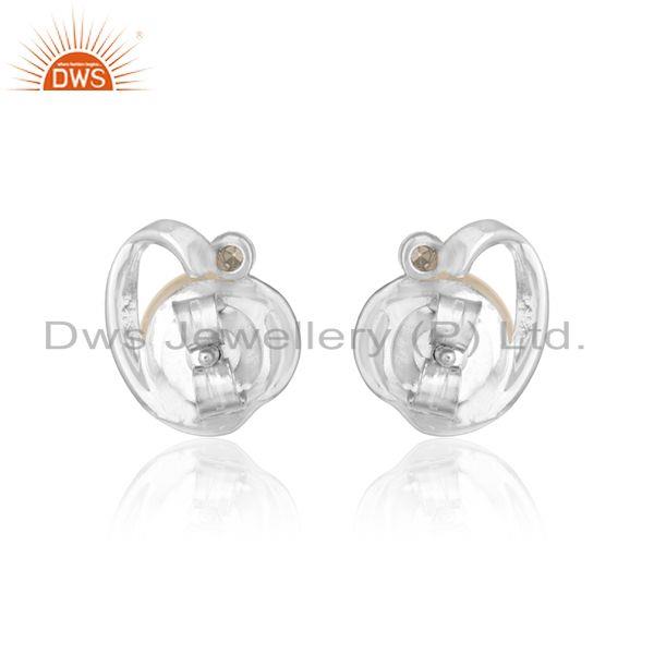 Heart shape white rhodium plated silver cz pink pearl earrings