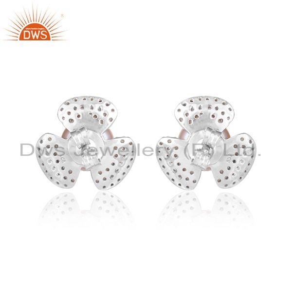Flower white rhodium plated silver cz pink pearl gemstone earring