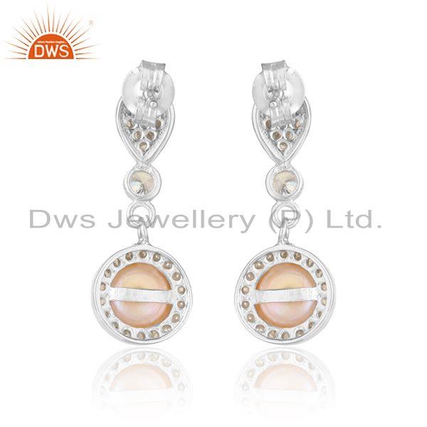Drop design white rhodium plated silver cz pink pearl earrings
