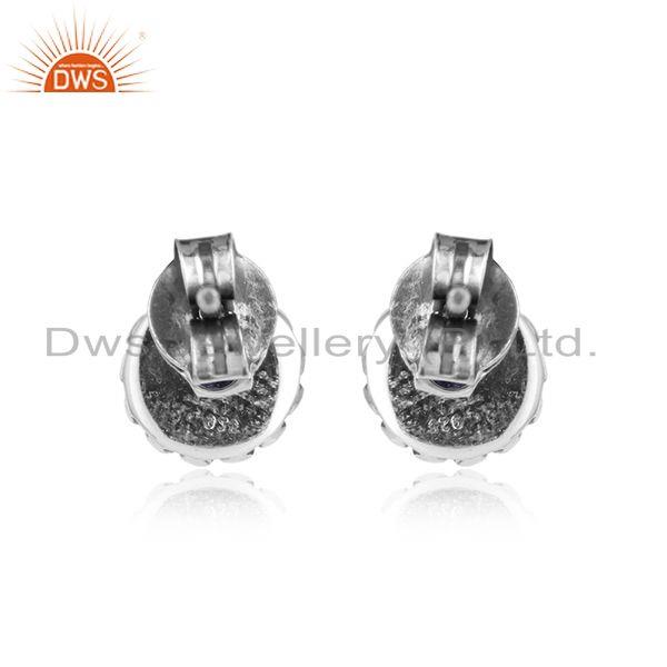 Blue sapphire gemstone designer tiny oxidized 925 silver earrings