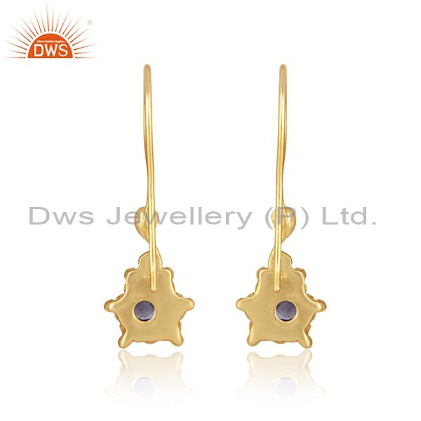 Designer dangle earring in yellow gold on silver with iolite