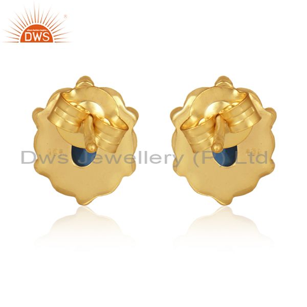 Designer of Blue corundum gemstone designer gold plated silver stud earrings