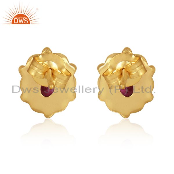 Designer of Pink tourmaline gemstone womens gold plated silver stud earrings