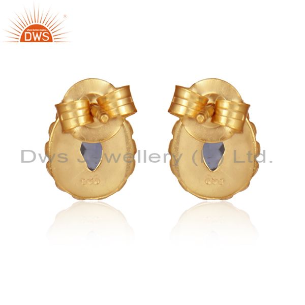 Designer of Pear shape iolite gemstone designer gold on silver stud earrings