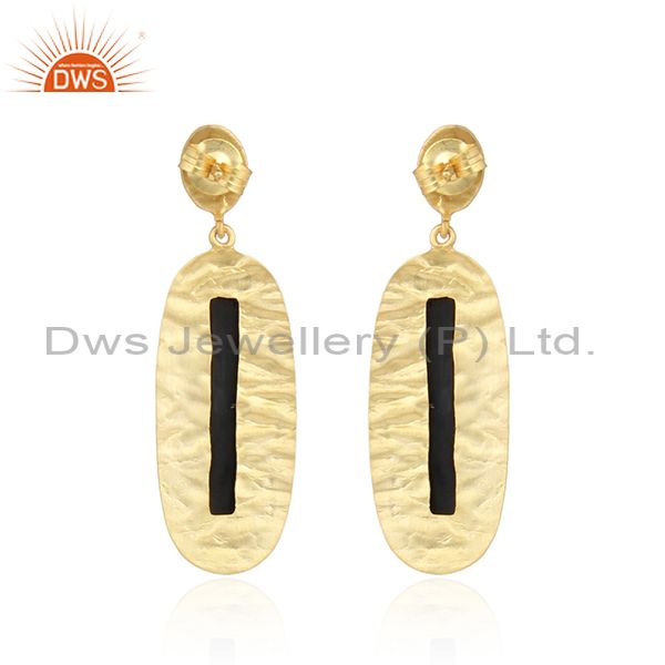 Suppliers Natural Black Onyx Gemstone Designer Gold Plated Silver Earrings