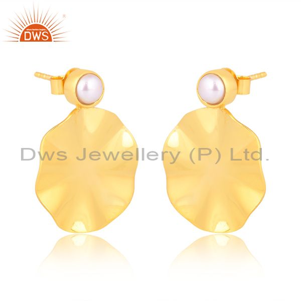 Natural pearl gemstone disc design gold plated 925 silver earrings