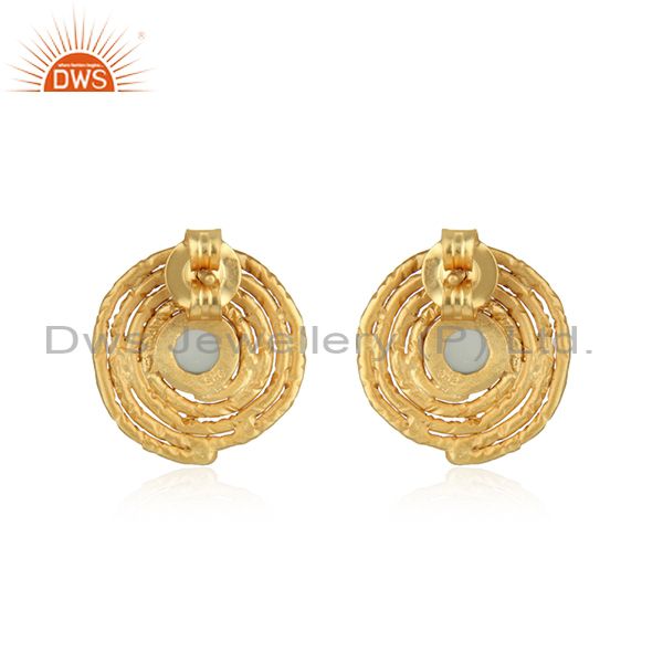 Round stud gold plated 925 silver aqua chalcedony gemstone earrings