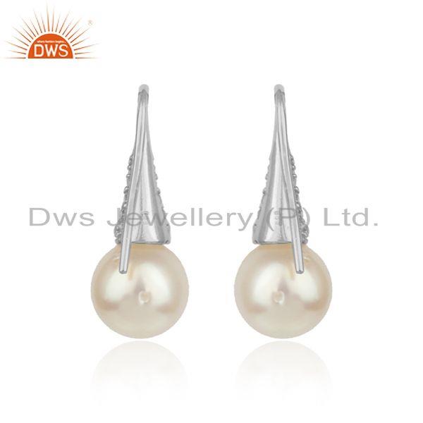 White rhodium plated silver designer cz pearl gemstone earrings