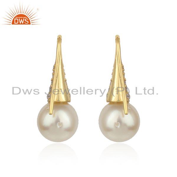 Drop pearl cz gemstone 18k gold plated silver womens earrings