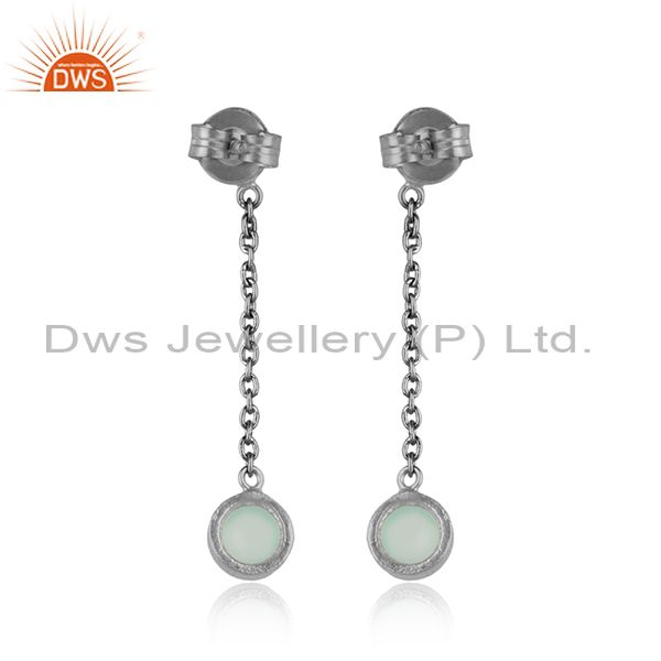 Designer chain dangle aqua chalcedony earring in oxidized silver 925