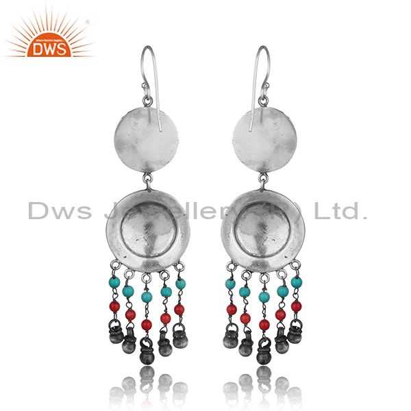 Tribal design textured multi color bead earring in oxidized silver