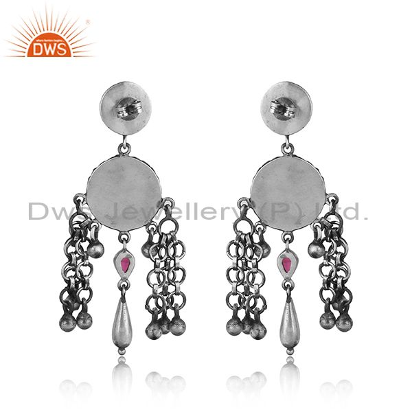 Tribal design textured red stone earring in oxidized silver 925