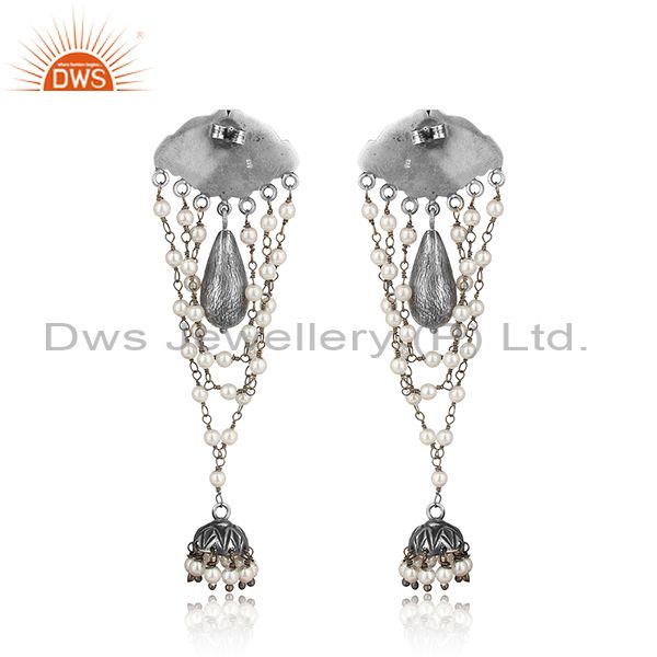 Designer tribe oxidized silver jhumka with hand wrapped pearls