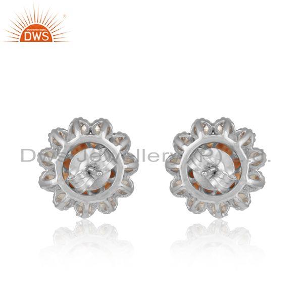 Designer floral rhodium on silver 925 stud with pink pearl and cz