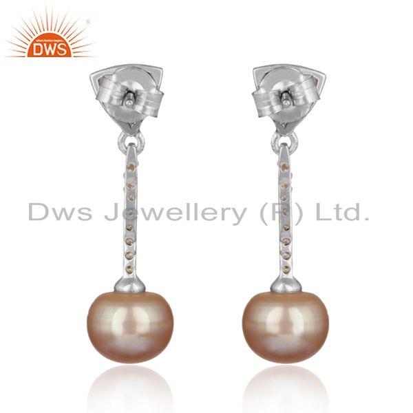 Designer rhodium on silver pave bar dangle with cz and gray pearl