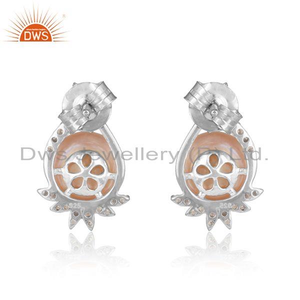 Trendy design rhodium on silver 925 studs with cz and pink pearl